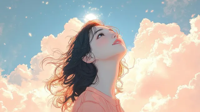 Woman gazing upward at pastel clouds, warm sunlight illuminating her flowing hair