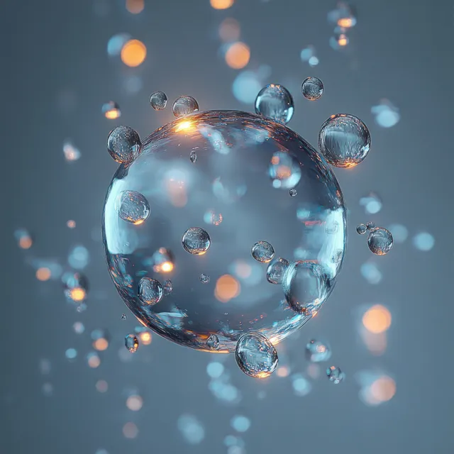 Transparent water droplets and bubbles suspended in air with soft reflections against a blue background.