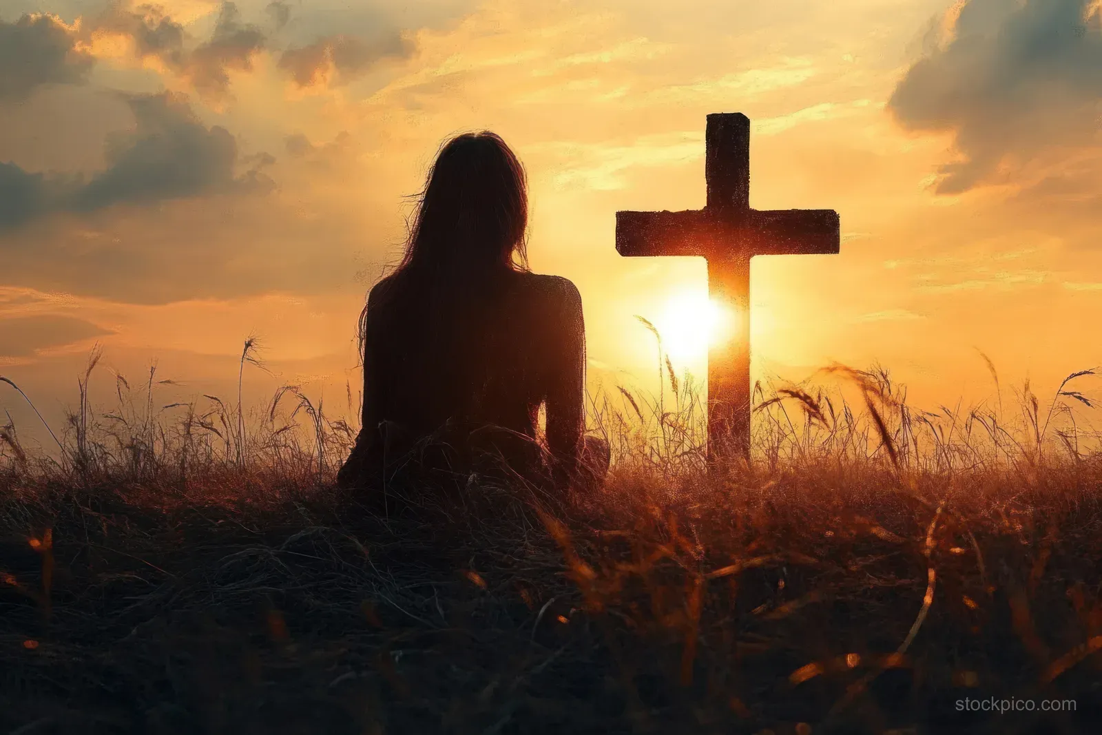 A silhouetted woman prays in a grassy field at sunset before a glowing cross.