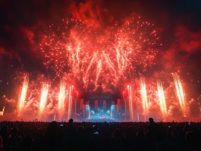 People watch red and orange fireworks explode over an outdoor concert stage amid drifting smoke.