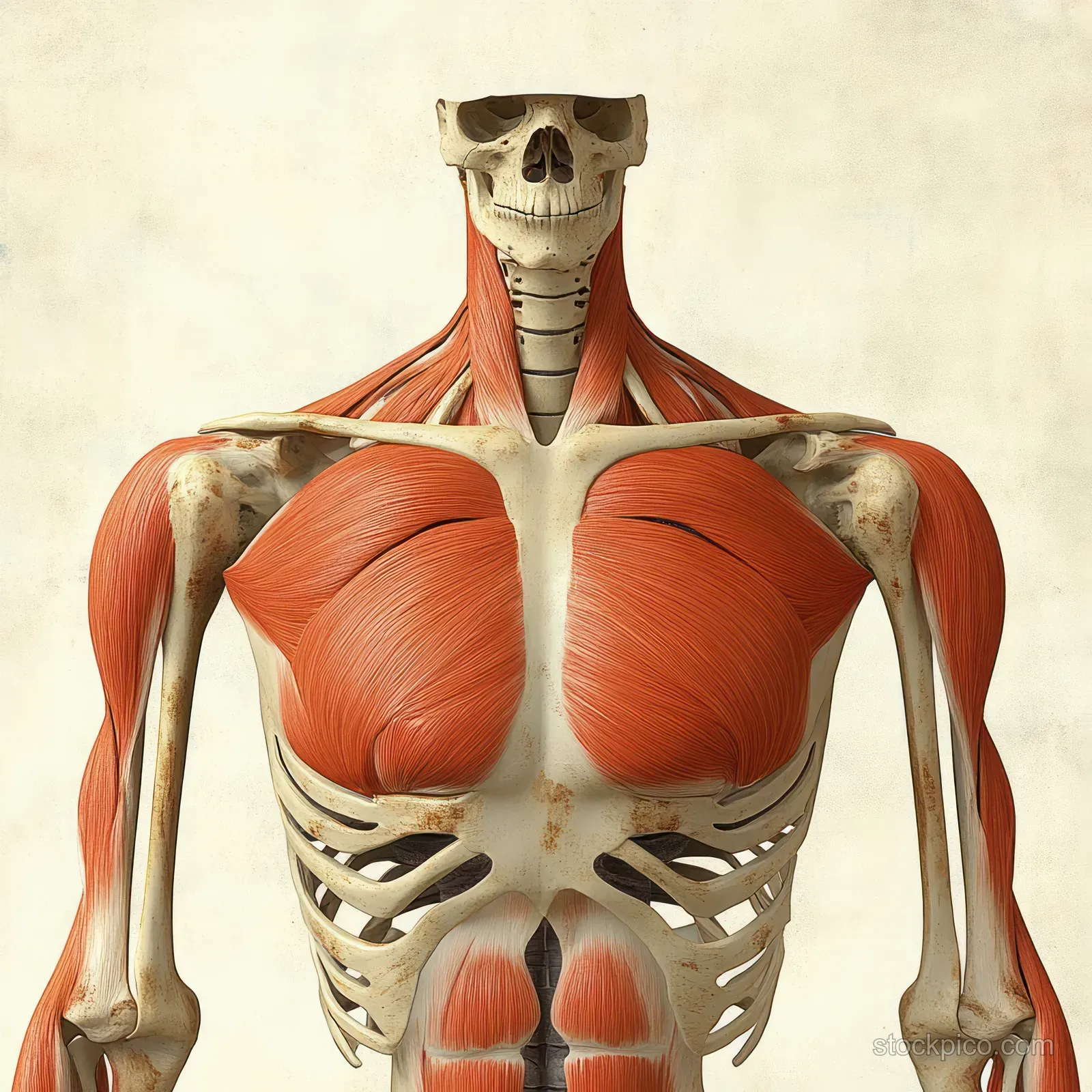 Red pectoralis major muscles are shown on an anterior human skeleton with labeled ribs, clavicle, and shoulder bones.