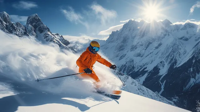 Orange-suited skier carving fast on sunlit alpine slope with snow spray and towering peaks