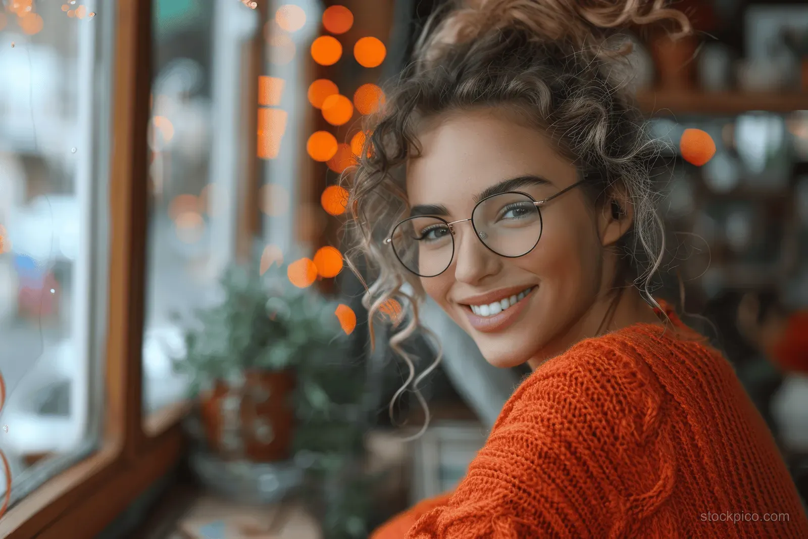 Smiling woman in orange sweater and glasses works on a laptop at a home desk with warm lights behind her.