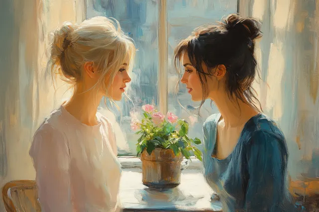 Mother and daughter sit on a couch, whispering by a sunlit window beside a flower vase.