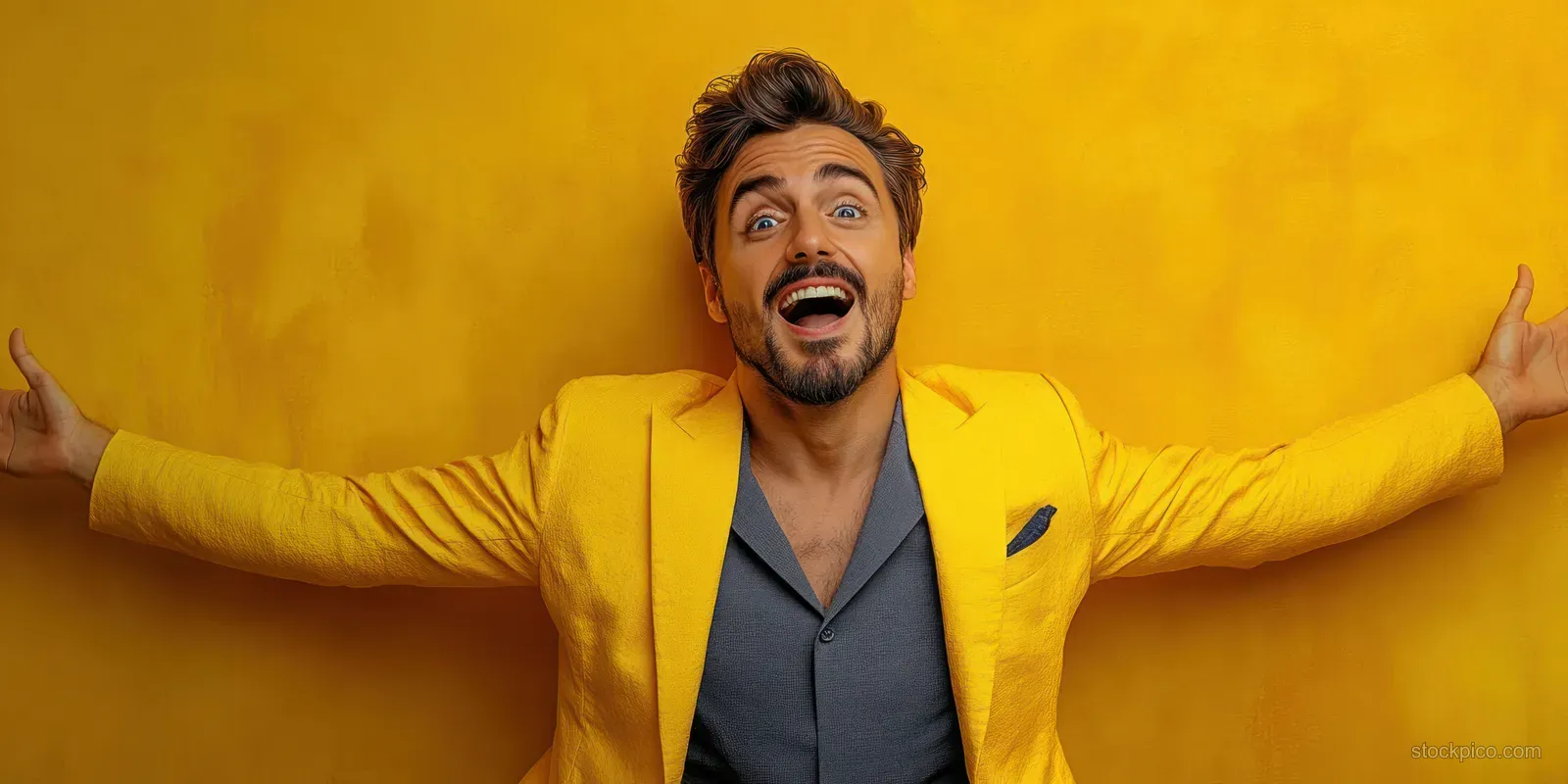 Smiling man in a yellow blazer stands with arms wide against a yellow background.