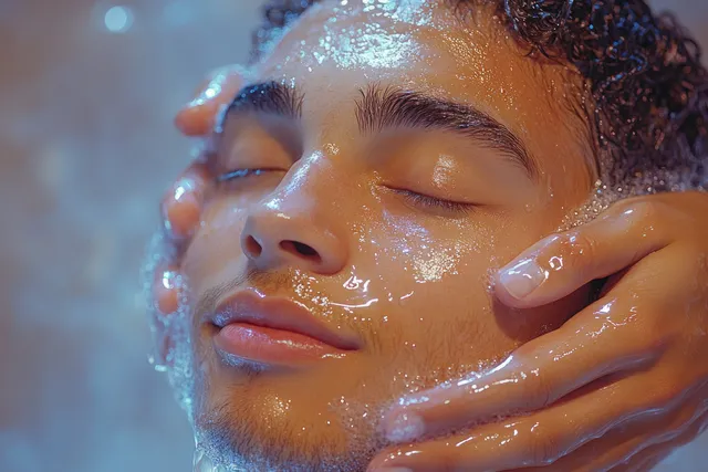 Man receiving facial massage with oil and warm towel in quiet spa room lighting