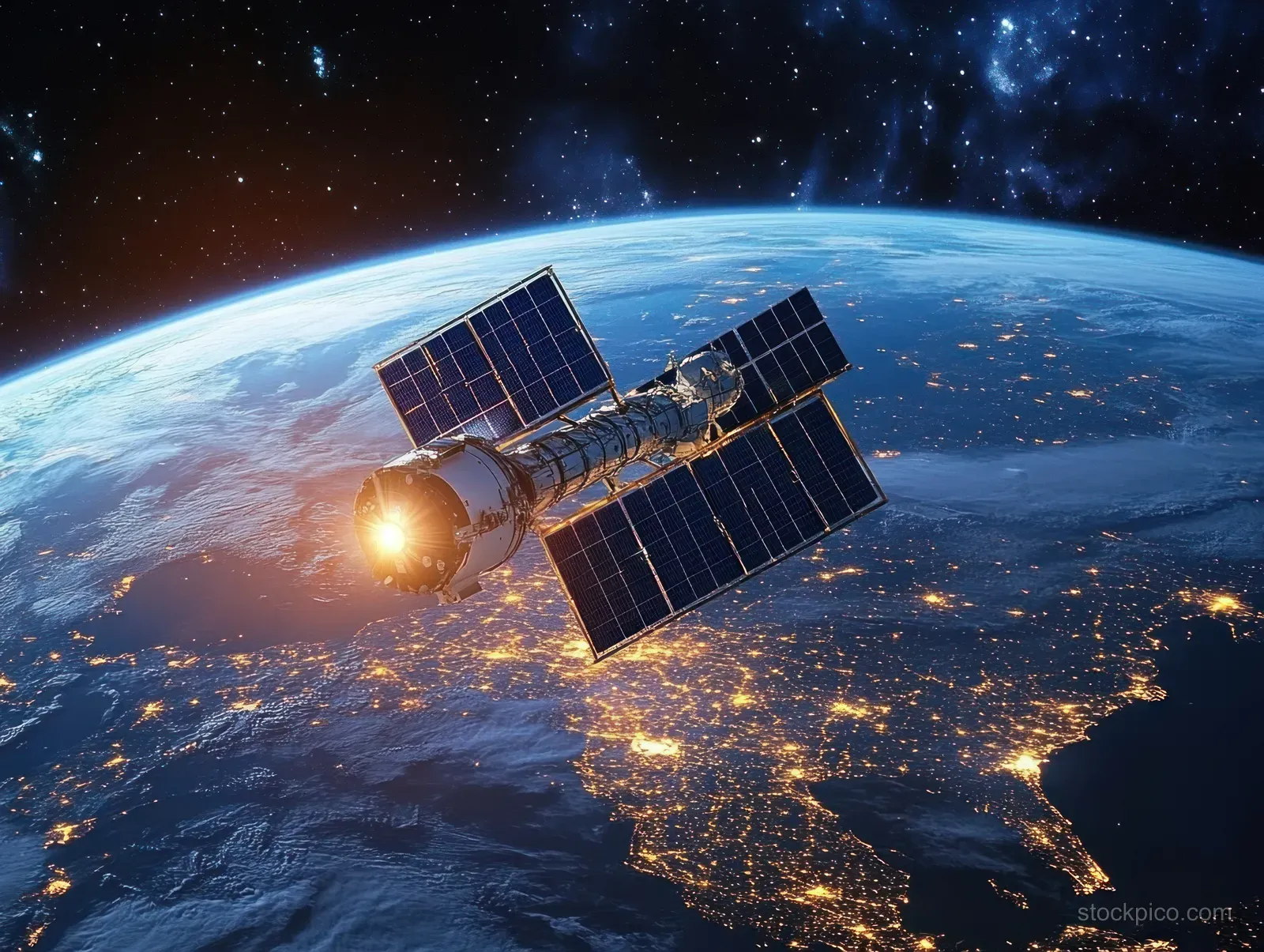 Satellite with deployed solar panels orbits Earth at night, showing glowing city lights and a star-filled sky.