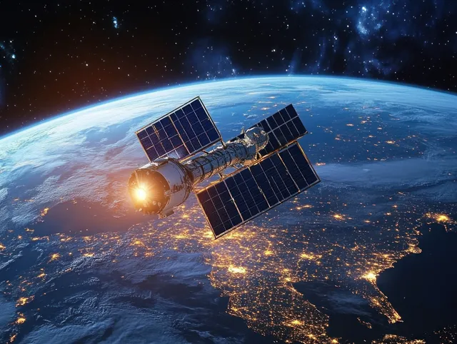 Satellite with deployed solar panels orbits Earth at night, showing glowing city lights and a star-filled sky.