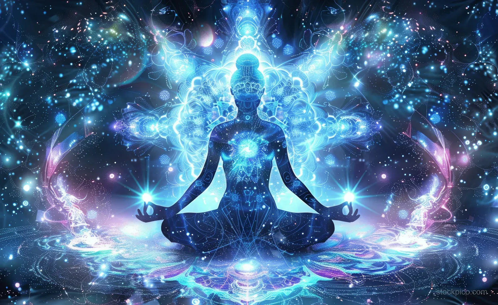 Silhouette of a woman meditating in lotus position surrounded by glowing cosmic fractals and sacred geometry lights.