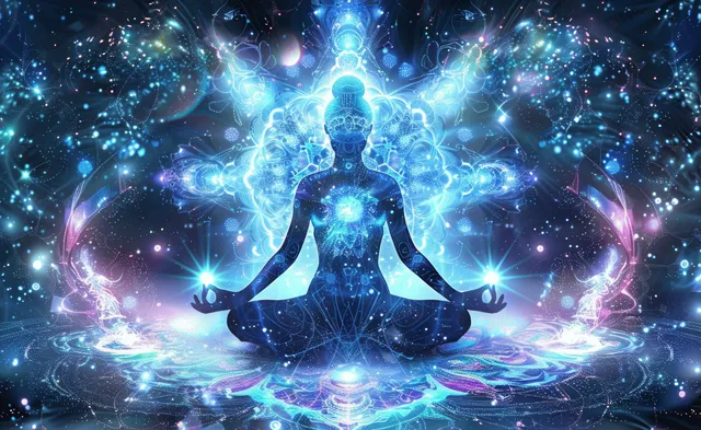 Silhouette of a woman meditating in lotus position surrounded by glowing cosmic fractals and sacred geometry lights.
