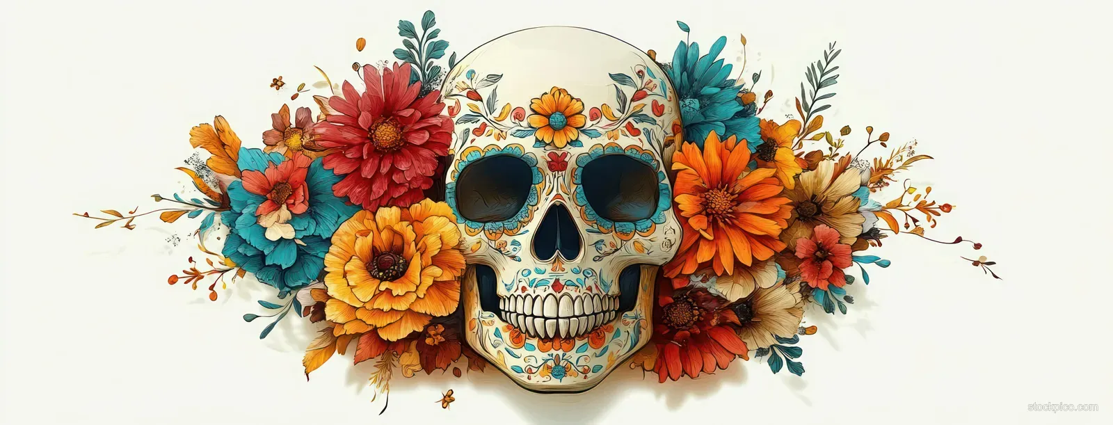 A sugar skull with a colorful floral crown sits centered on a festive Day of the Dead banner background.
