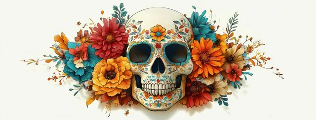Day of the Dead sugar skull with colorful floral crown on festive banner backdrop