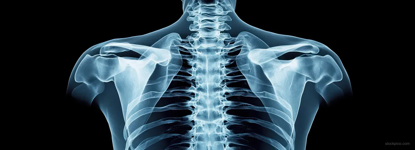 X-ray of the upper back showing the spine, ribs, and shoulder blades on a black background.