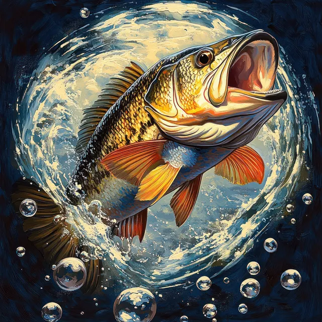 A bright fish with an open mouth swims upward through swirling water filled with bubbles and droplets.