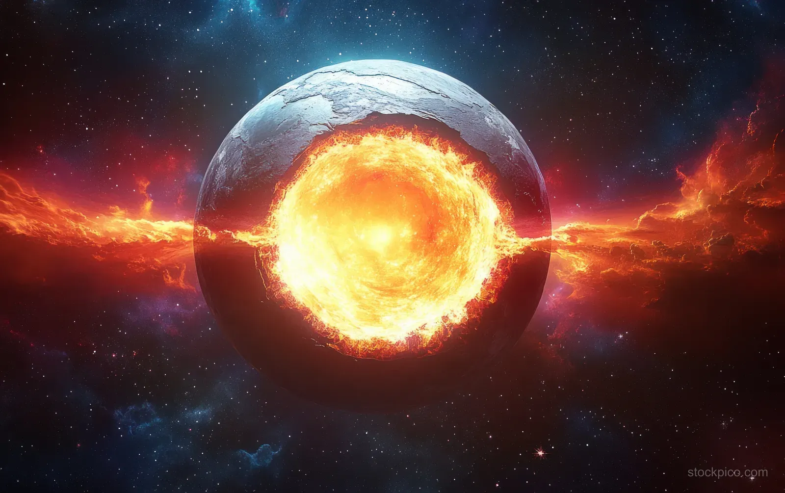 Earth with a glowing inner core and layered interior floats in a starry space background.