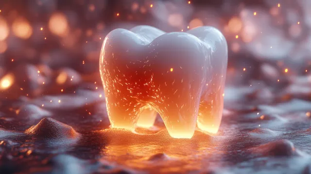 Glowing 3D tooth rises from floating plaque-like particles in a snowy, surreal dental scene.