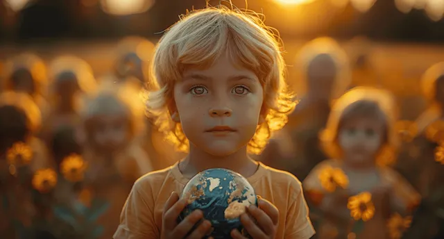 Multiracial children holding a glowing Earth globe at golden hour in a warm crowd