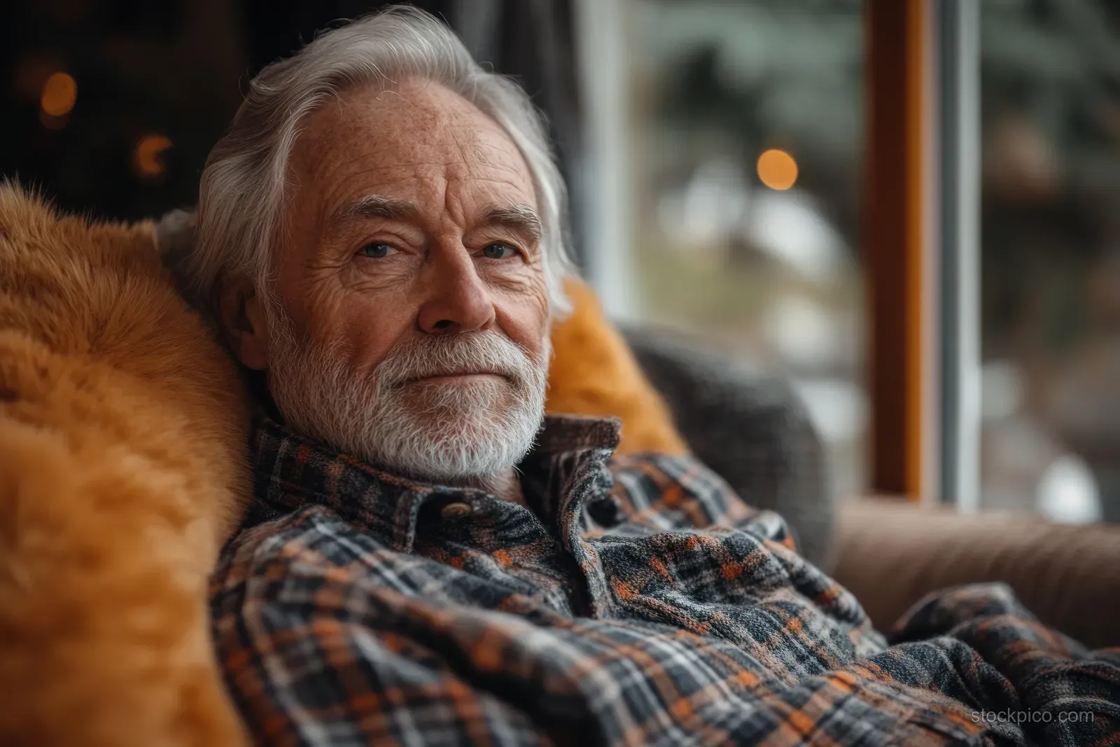 An elderly man sits alone on a couch in a cozy living room as warm natural light streams in.