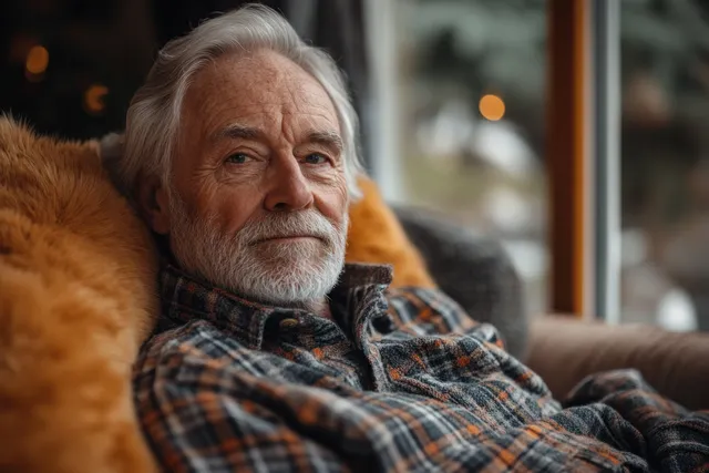 Elderly man resting alone on a couch in a warm living room, soft window light