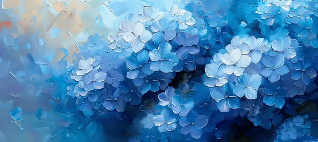 Light blue and purple hydrangea blooms painted in impressionist oil, close garden cluster