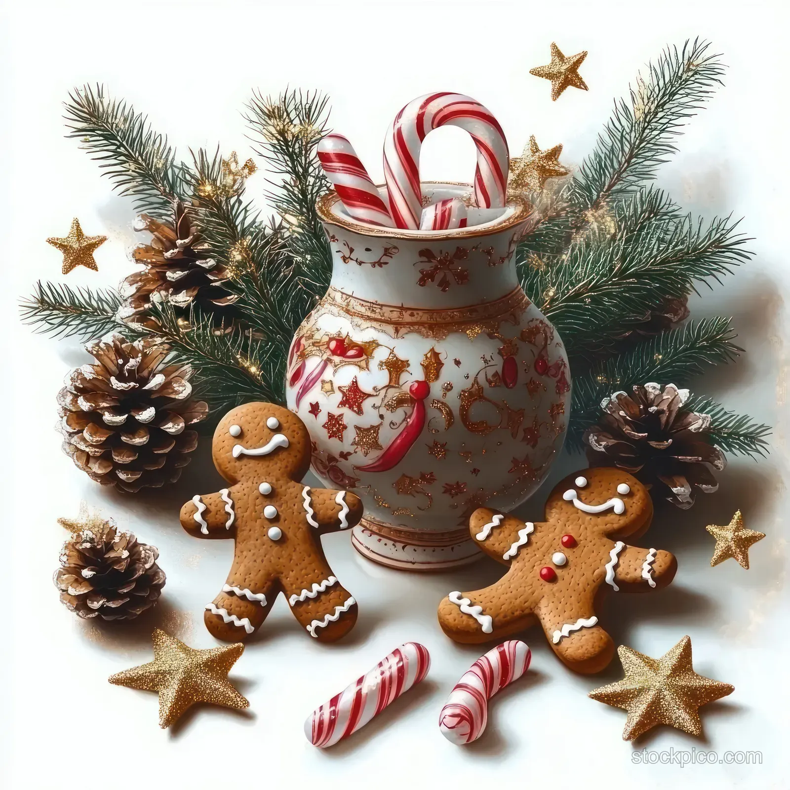 Decorated gingerbread cookies and candy canes arranged with pine branches, pine cones, and golden star ornaments against a white background.