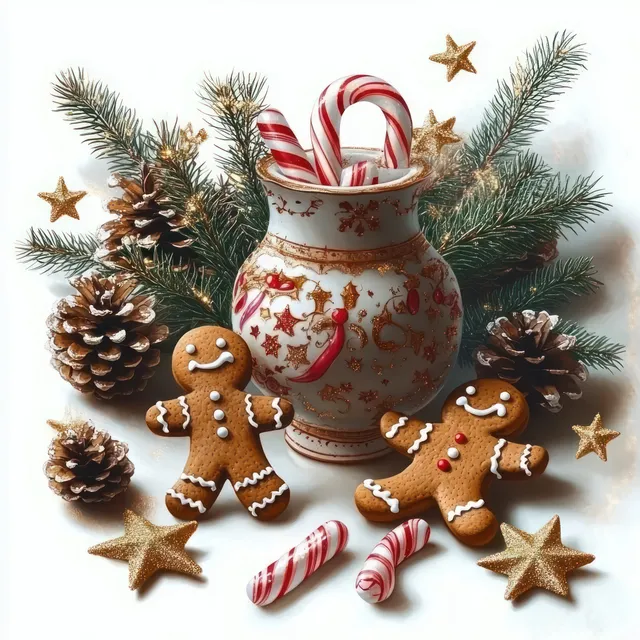 Decorated gingerbread cookies and candy canes arranged with pine branches, pine cones, and golden star ornaments against a white background.