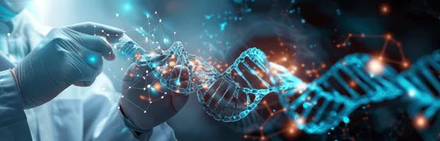 A gloved researcher views a glowing DNA hologram over laboratory glassware and biotech screens.