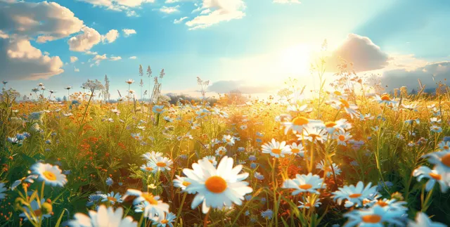 Sunlit summer meadow of white daisies and grasses with a bright blue sky and soft clouds.