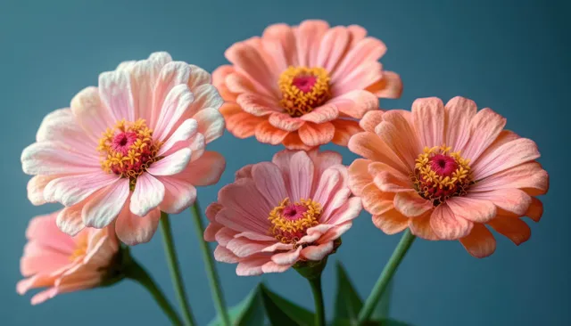 Five pink and peach cosmos flowers with yellow centers in close-up against a soft blue background.