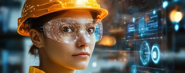 Trabajador ciberpunk con casco amarillo y gafas de seguridad mira pantallas holográficas brillantes con datos de la fábrica.