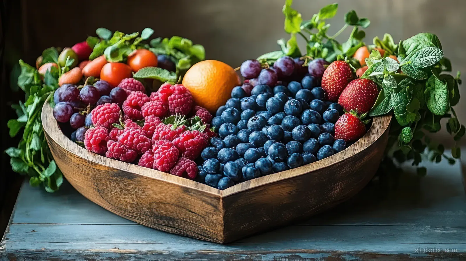 Heart-shaped wooden bowl packed with mixed berries, grapes, an orange, and leafy greens on a rustic blue tabletop.