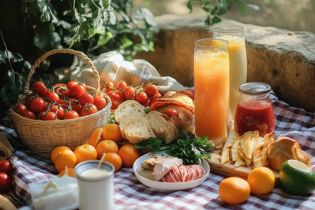 Sunny picnic spread with cherry tomatoes, bread, meats, chips, and cold drinks on checkered cloth