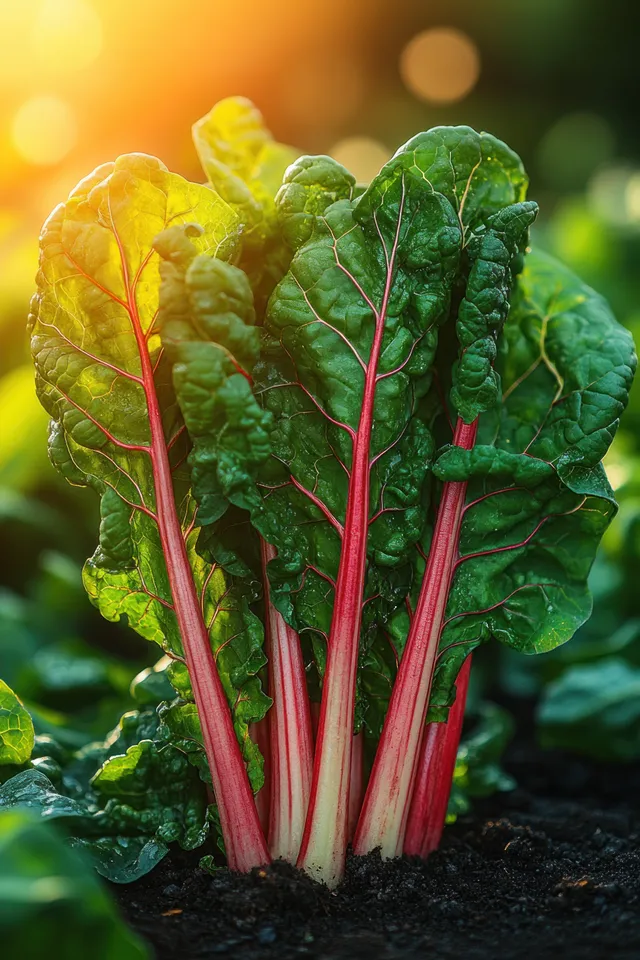 Close-up of Swiss chard leaves with red stems, lit by warm sunlight and bokeh