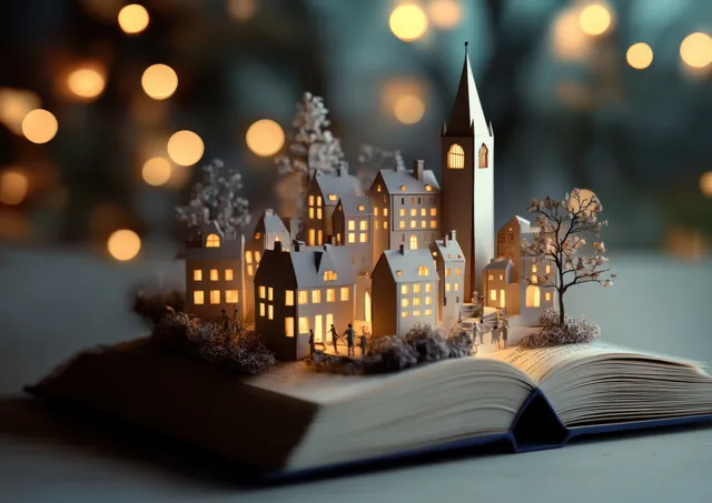 Open book page reveals a glowing pop-up Christmas town with snow-dusted houses and tiny trees.