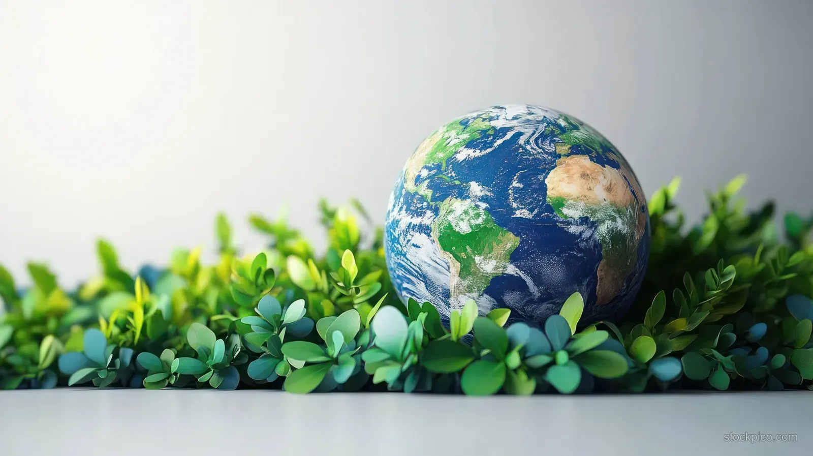A small Earth globe sitting among green leaves on a light background.