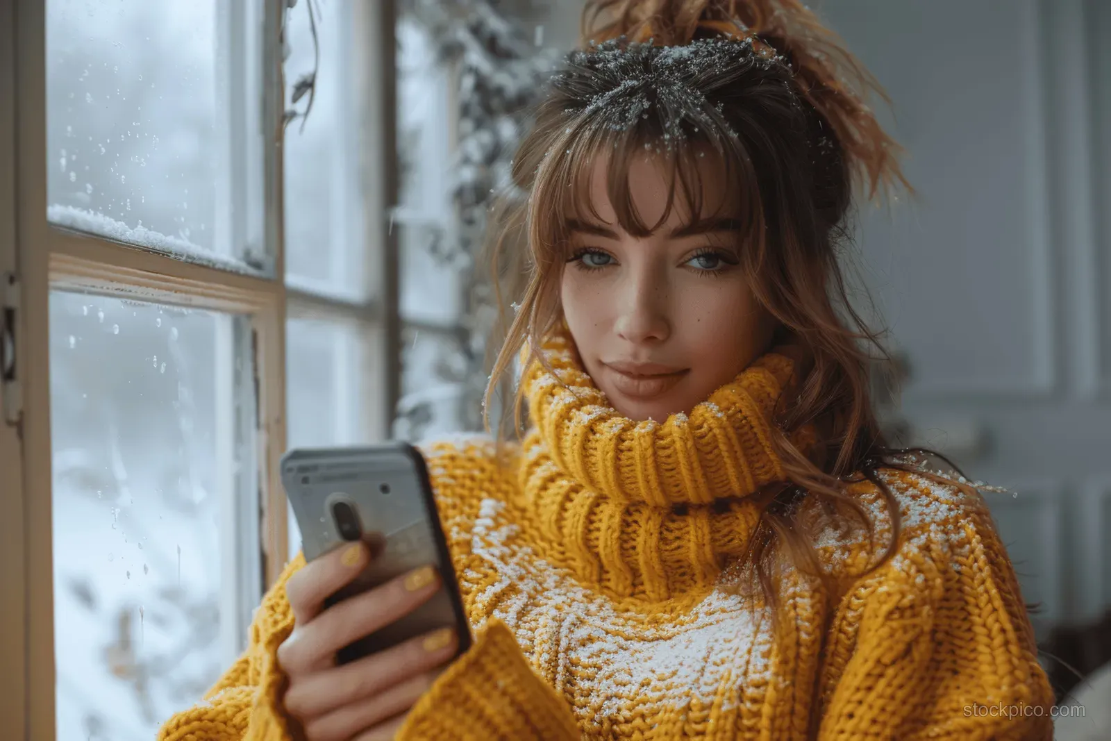 Smiling young woman holds a smartphone at home, with her hand and the screen visible in close-up.
