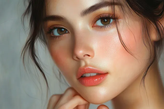 Asian woman with radiant skin engages in a focused skincare routine, highlighting her commitment to acne care and beauty.