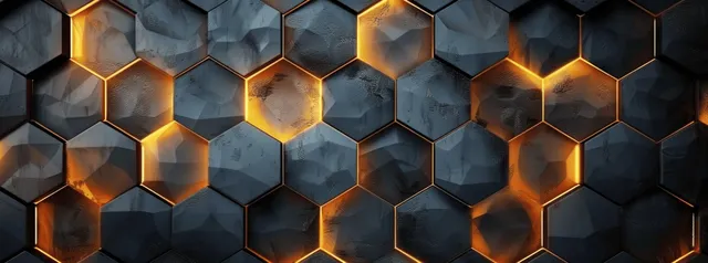 Hexagon tile wall background with glowing orange edges and gold light accents