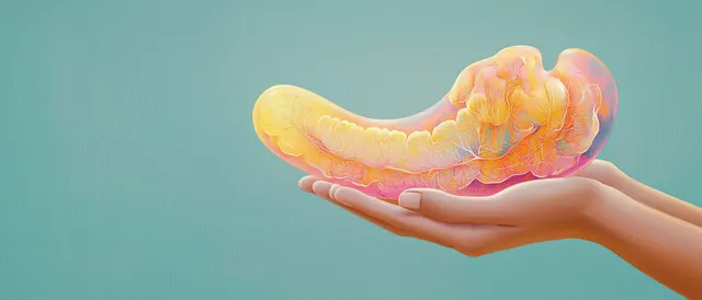 Hands cradling a glowing pancreas anatomical model against a clean teal background