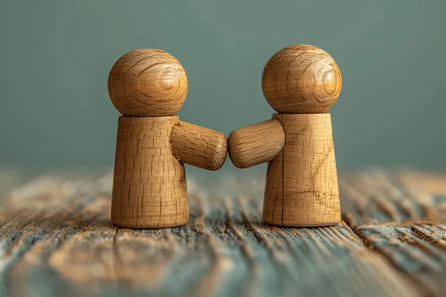 Two wooden figurines complete a handshake on textured fabric against a soft teal background.