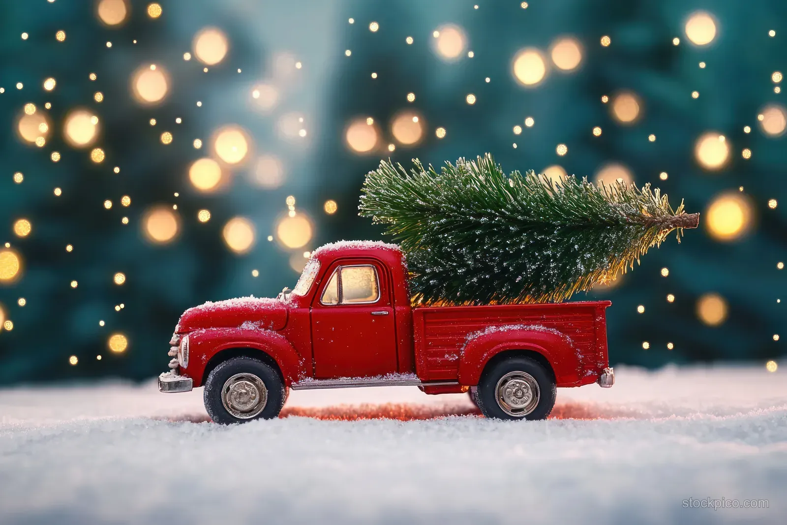 Red vintage toy pickup truck hauling a snowy Christmas tree across fresh snow with warm glowing bokeh lights behind it.