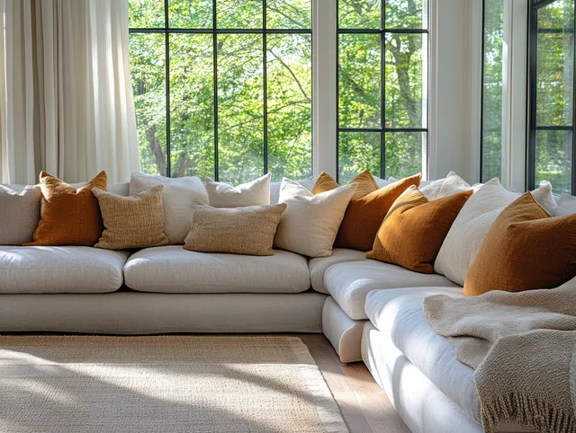 Grey sectional sofa with textured pillows in a bright living room framed by large windows and green trees outside.