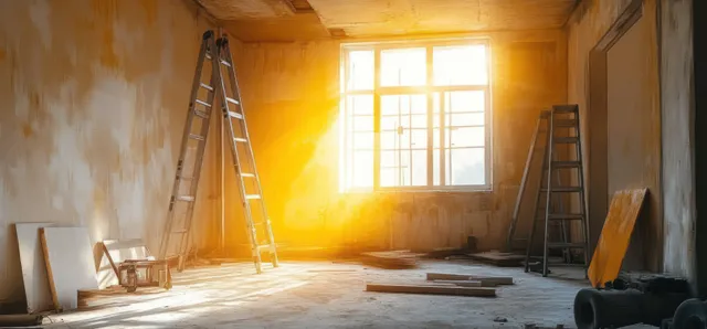 Unfinished apartment interior with ladders and renovation tools near a bright window beam of golden light.