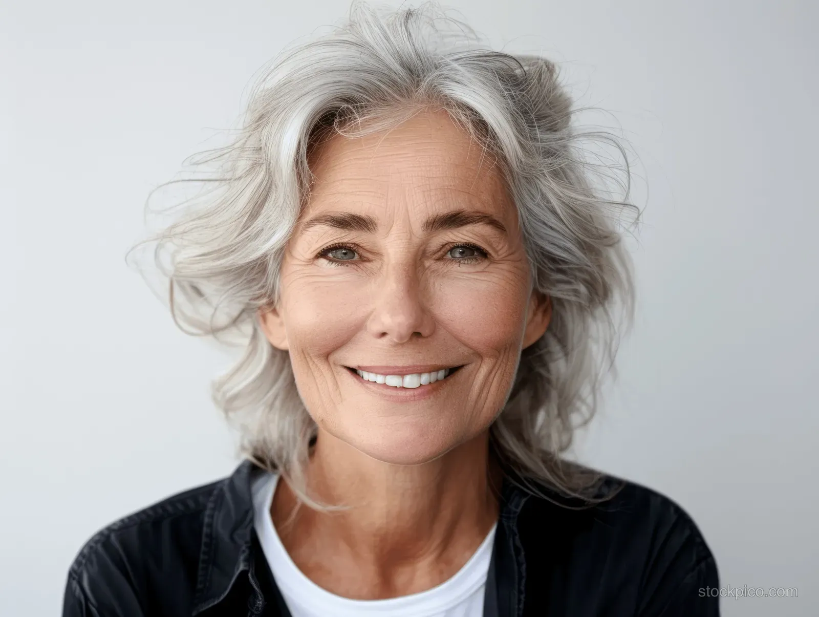 Smiling elderly woman with silver-gray hair in a close-up portrait against a plain white background.