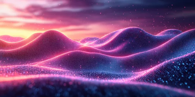 Neon purple and pink waveforms with binary grid patterns ripple over a starry abstract horizon.