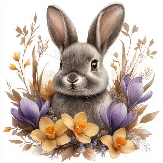 Gray bunny face framed by a floral wreath of daffodils and crocuses on a cream background.