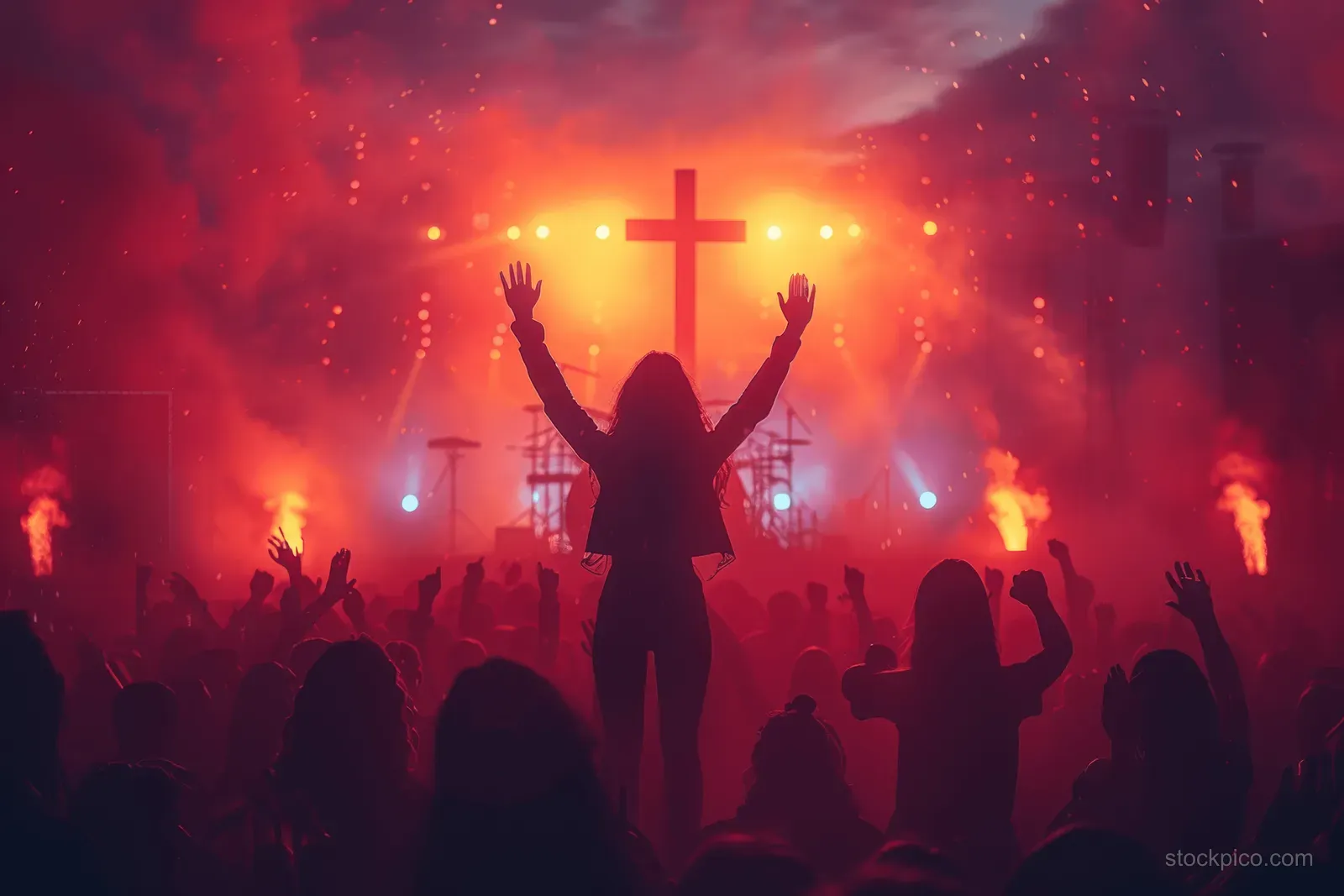 Silhouetted worshippers raise hands in prayer at a church service beneath a glowing cross and stage lights.