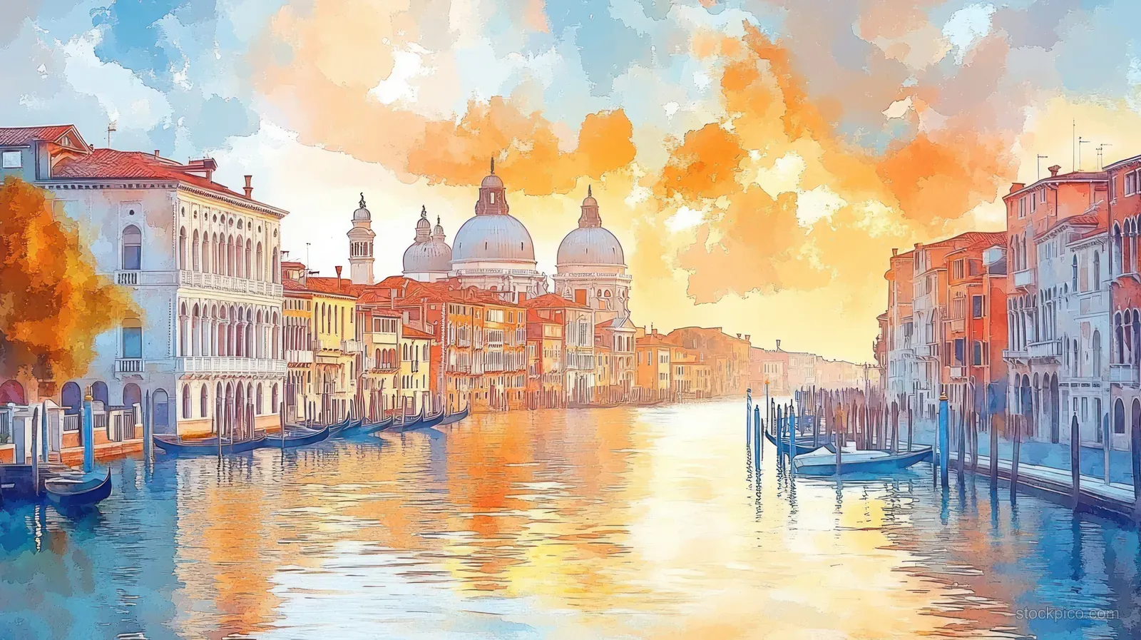 Historic buildings and a domed church line a calm canal at sunset with moored gondolas and glowing reflections.