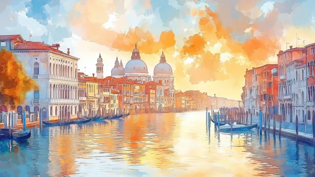 Historic buildings and a domed church line a calm canal at sunset with moored gondolas and glowing reflections.