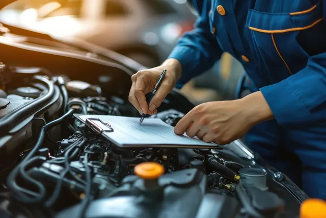 A mechanic writes inspection notes on a clipboard while working on a car engine in a repair shop.